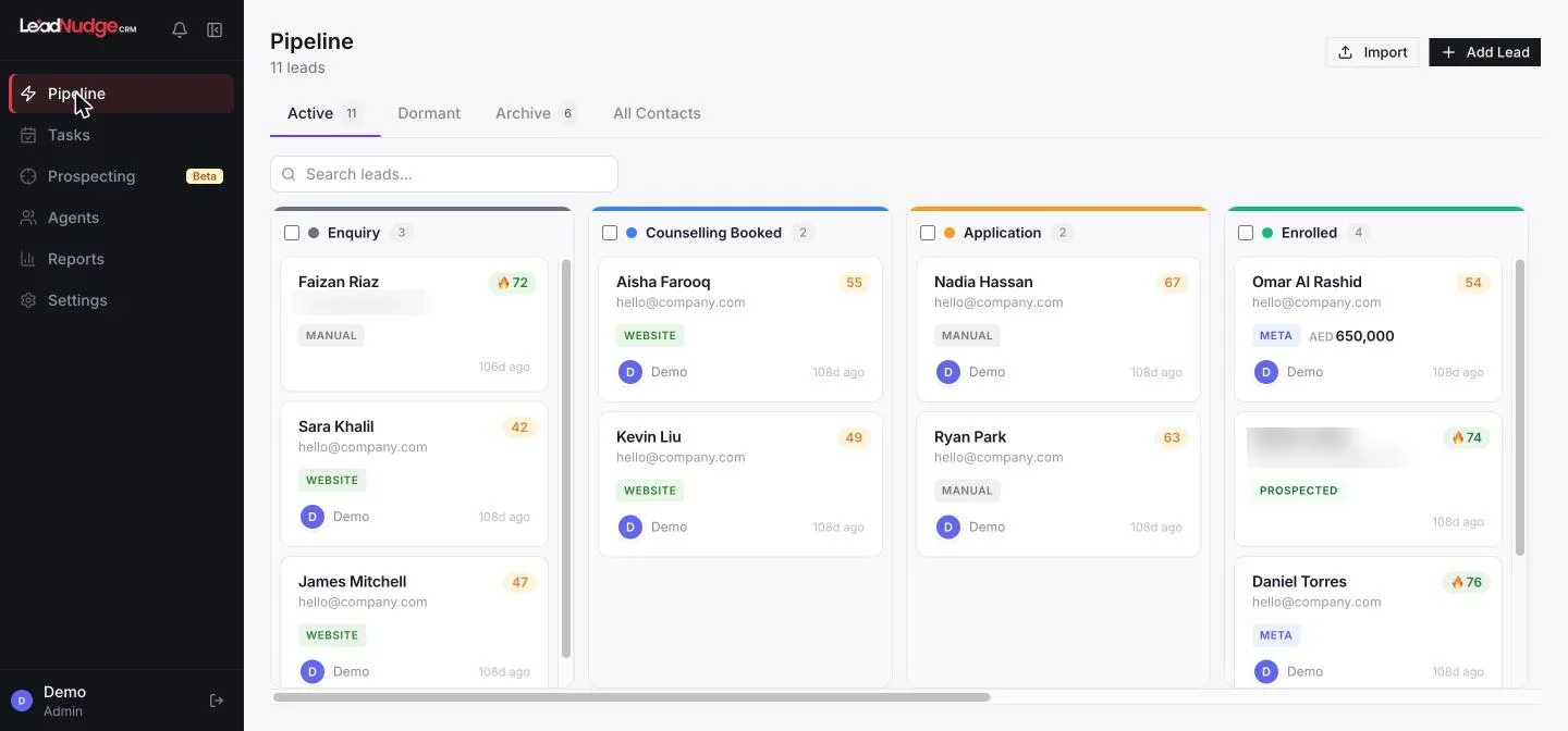 Education CRM pipeline tracking student enquiries to enrolment