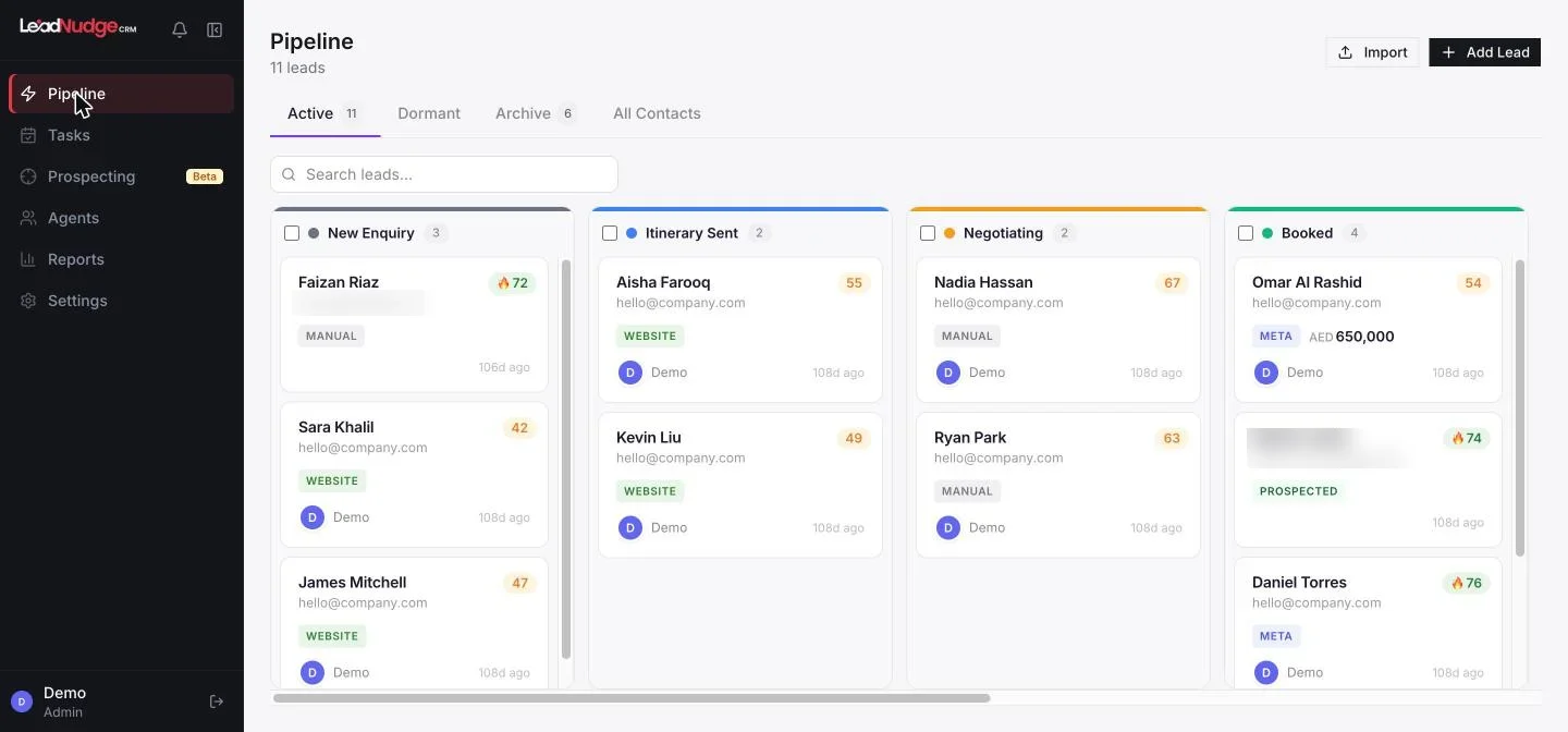 Travel agency CRM pipeline from new enquiry to booked trip