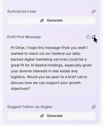 AI Assistant panel drafting a first message from a lead's form answers