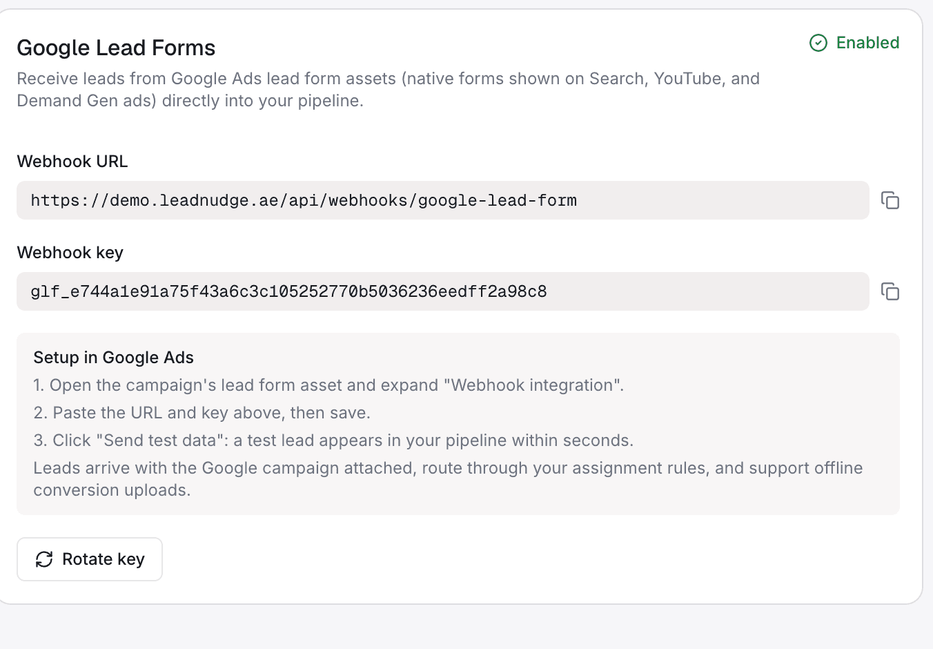 Google lead form webhook credentials in LeadNudge settings