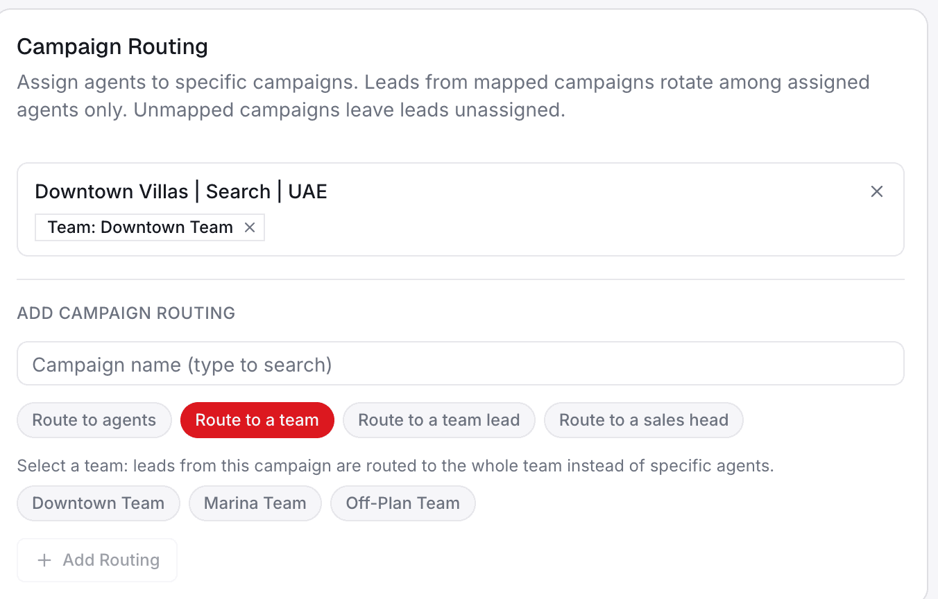 Campaign routing settings: route leads to agents, a team, a team lead, or a sales head