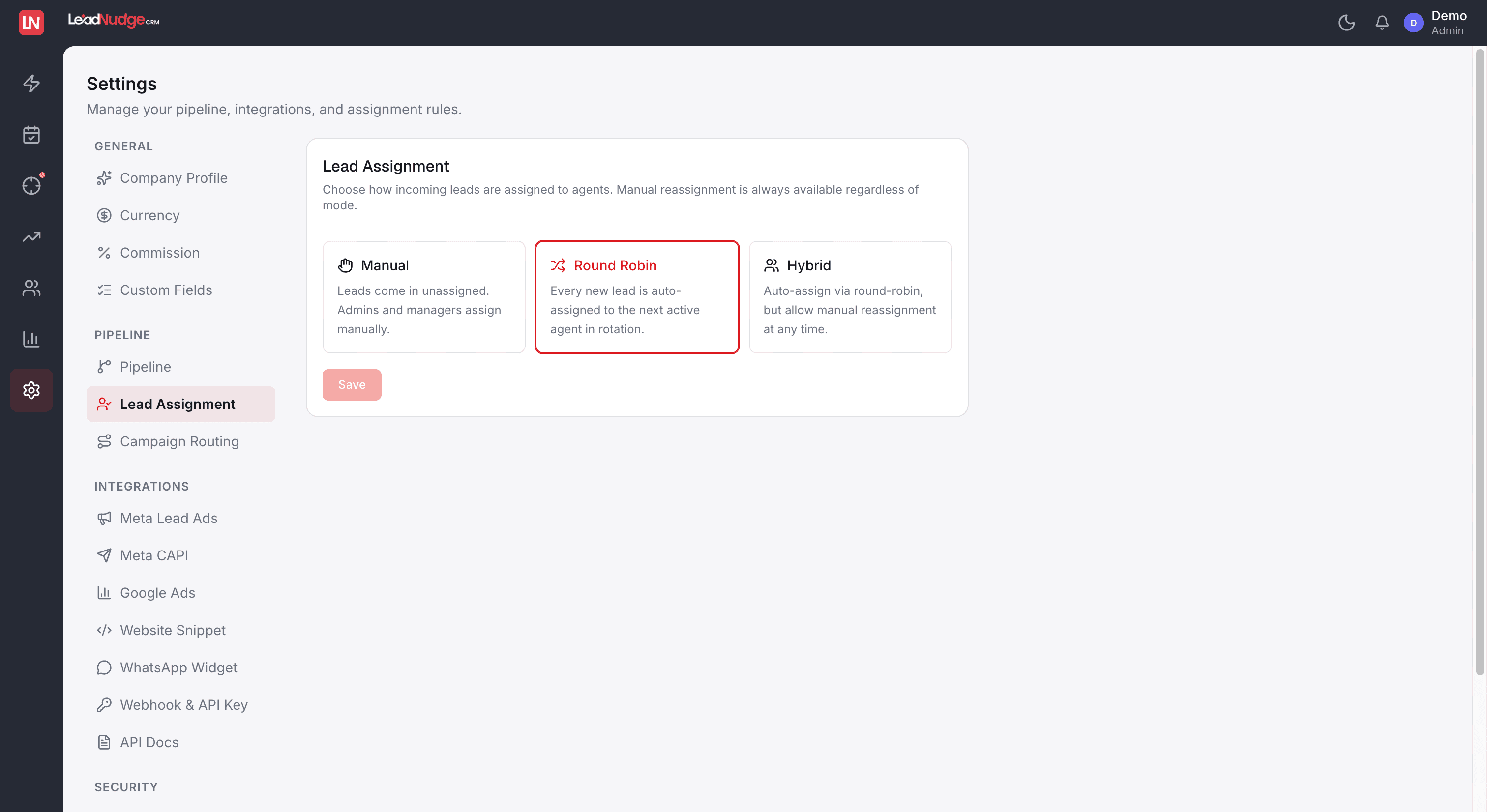 Lead assignment settings in LeadNudge offering manual, round-robin, and hybrid modes