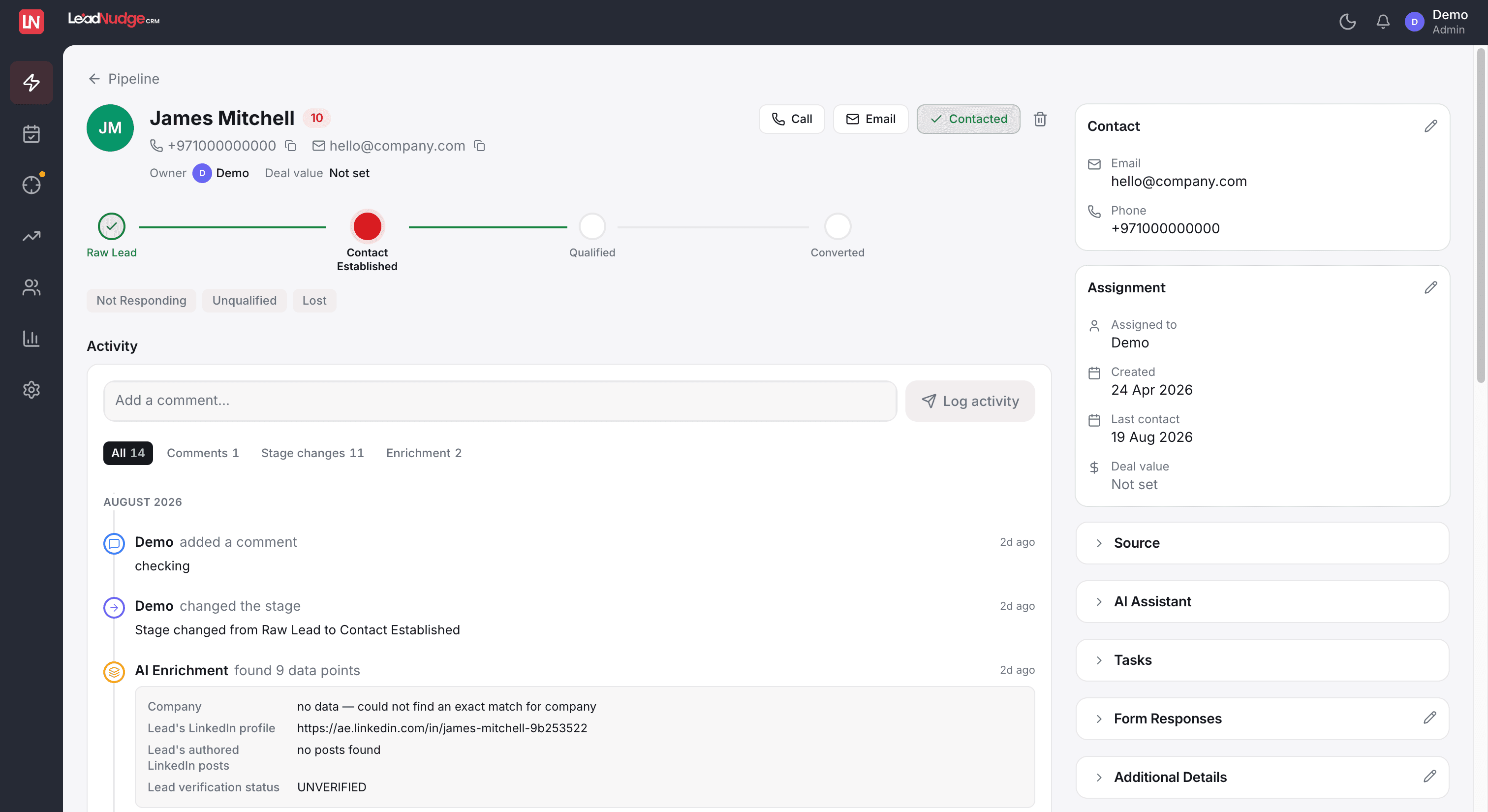 Lead record in LeadNudge real estate CRM showing the AI score, stage progress, and activity history