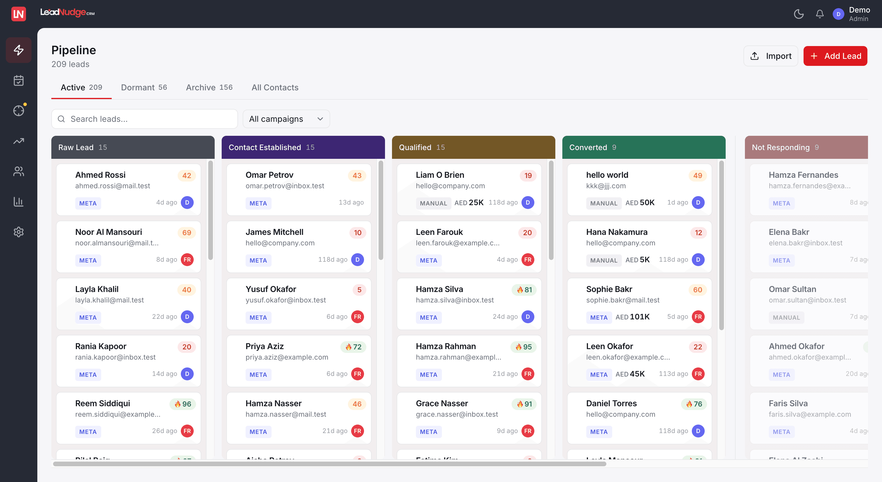 Real estate CRM pipeline in LeadNudge showing Dubai brokerage stages from Raw Lead to Converted